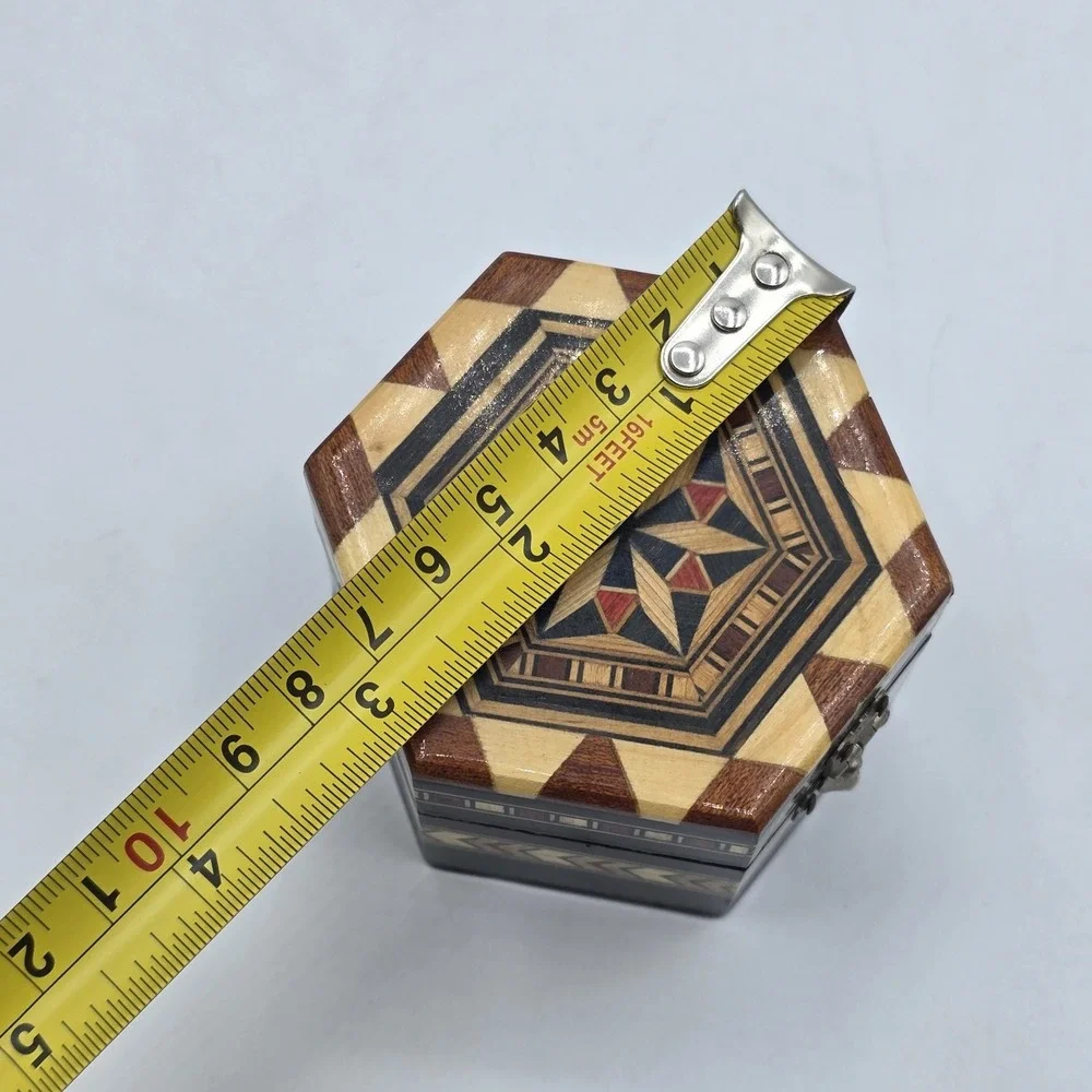 Vintage Moroccan Inlay Wood Jewelry‎ Box Geometric Marquetry Hexagon